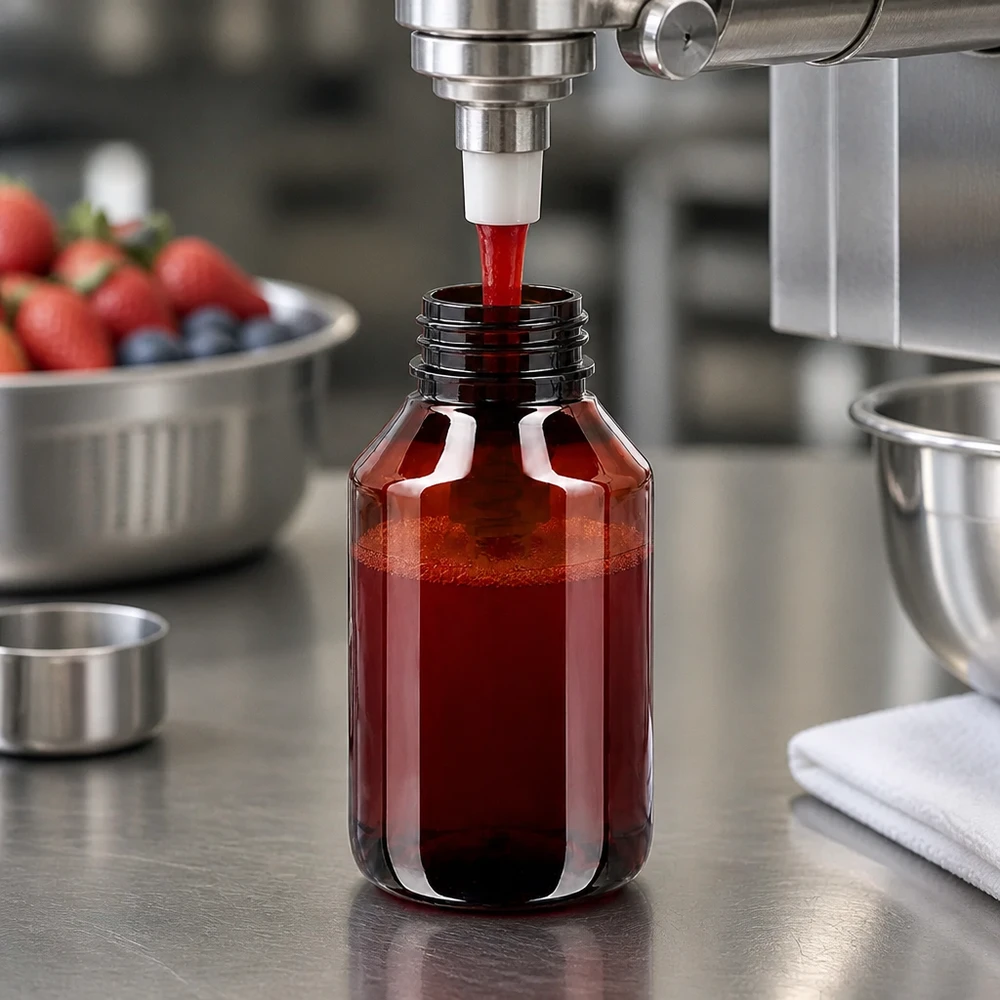 PET láhev 50ml s dávkovací pumpičkou bílá Befüllung einer kleinen PET Flasche mit Beerensaft in professioneller Produktionsumgebung