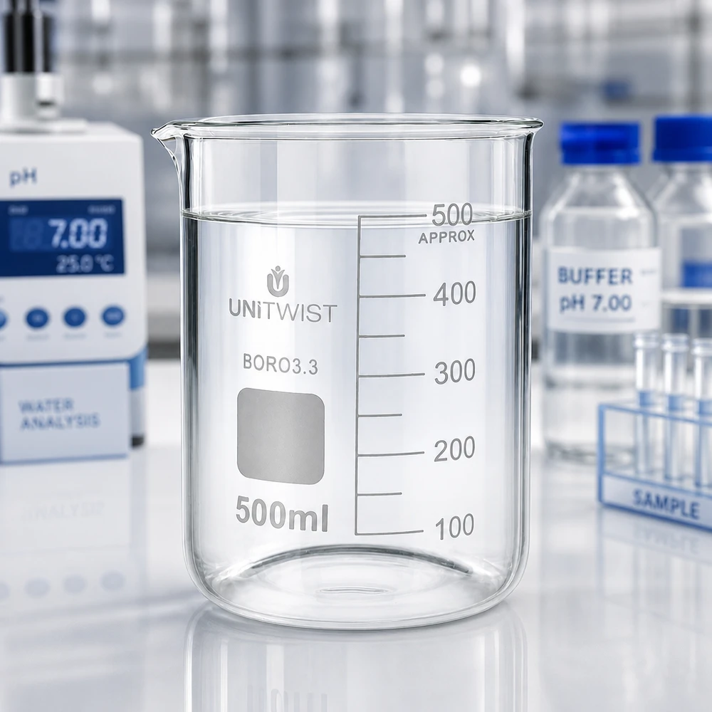 Professionelles Laborglas UNiTWIST 500ml niedrige Becherglasform mit eingeätztem Markenlogo