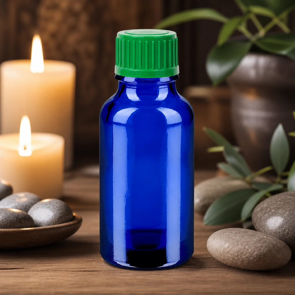 20ml lahvička s kapátkem 0,8 mm zelená standardní uzávěr BlueLine UT18/20 20ml Tropfbehälter aus UV-schützendem blauen Glas mit sicherem grünem Verschlusssystem UT18/20