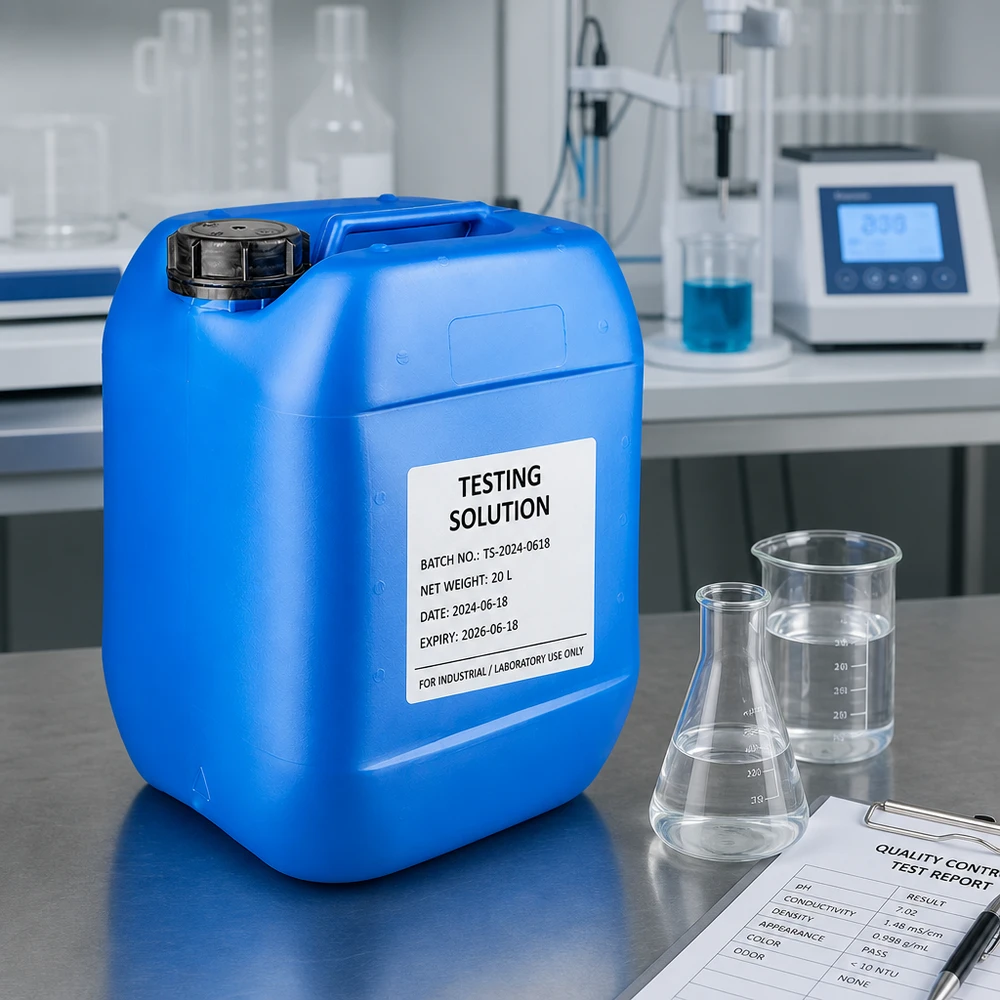 Kanystr 10 litrů modrý se šroubovacím uzávěrem s pojistkou proti manipulaci. Kanister 10 Liter blau mit OV Schraubverschluss neben Messbecher und Erlenmeyerkolben