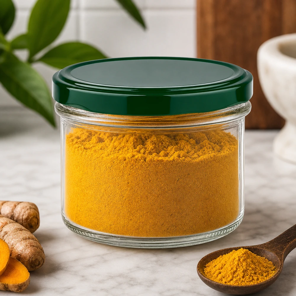 225ml tumblery + víčko BasicSeal zelené UNiTWIST s ovocem. Sturzglas 225ml mit grünem Deckel gefüllt mit Kurkumapulver zeigt praktische Küchenaufbewahrung für Gewürze