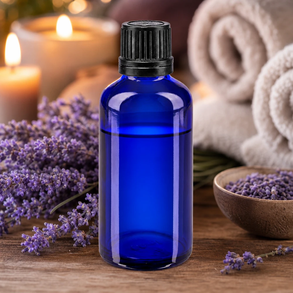 Lékárenská láhev modrá 50ml kapátko uzávěr nalévací kroužek 1mm černý tamper evidentní uzávěr. Pharmaglas Tropfflasche 50ml blau mit schwarzem Originalverschluss für Ätherische Öle