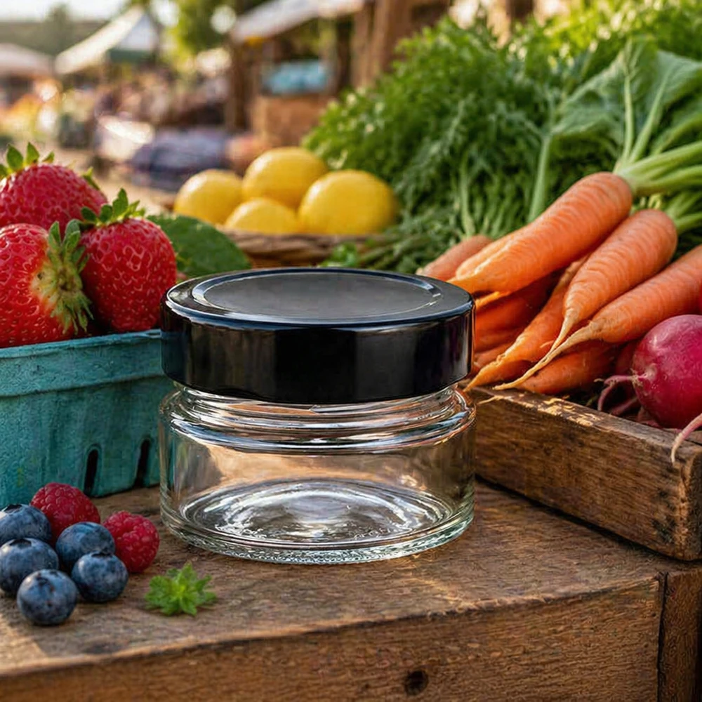 80ml kulatá sklenice + víčko BasicSeal černé hluboké UNiTWIST 80ml Rundglas BasicSeal schwarz auf Holztisch mit frischem Obst Gemüse Marktstand Atmosphäre vielseitig einsetzbar