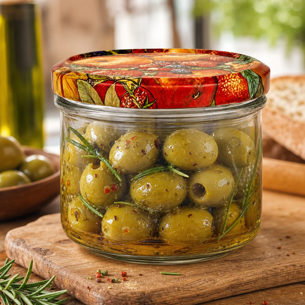 225ml kelímky + víčko BasicSeal s dekorem ovoce UNiTWIST 225ml Sturzglas Obst-Dekor mit marinierten Oliven gefüllt, Einmachglas für mediterrane Antipasti und Delikatessen