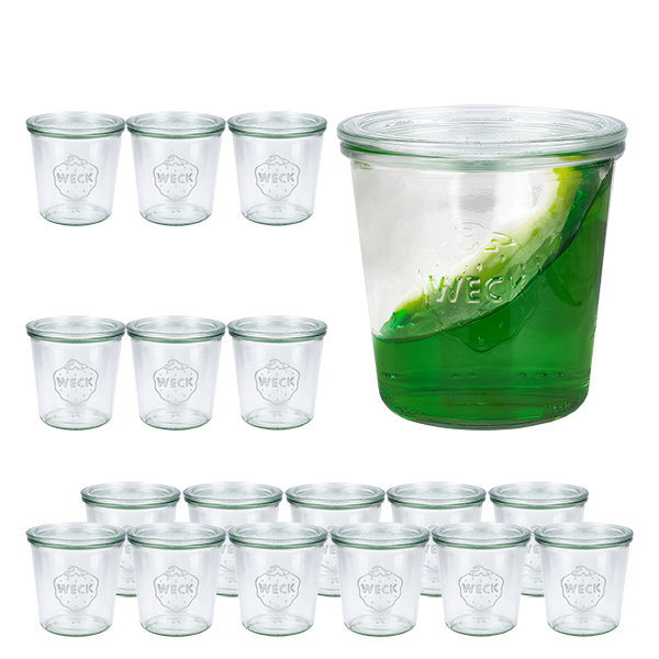 Sada 18 sklenic Weck 580ml tumblers s 18 sklen&#283;n&#253;mi v&#237;&#269;ky.