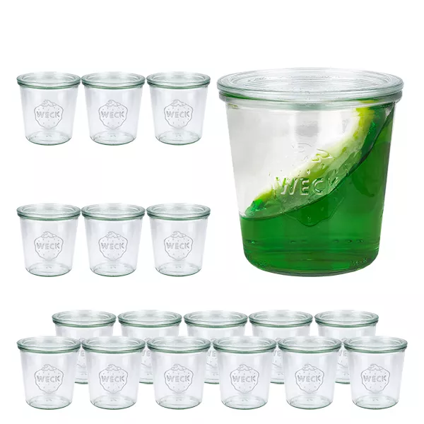 Sada 18 sklenic Weck 580ml tumblers s 18 skleněnými víčky.