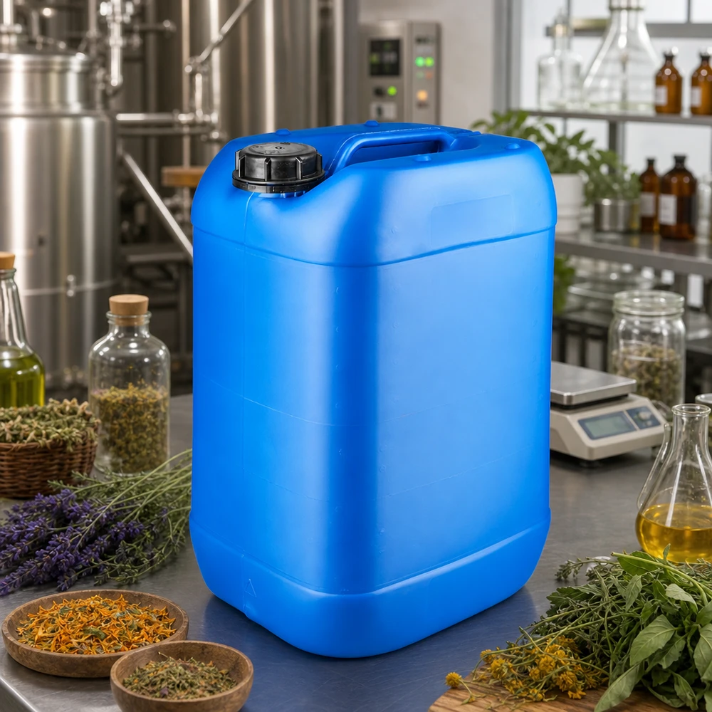 Stapelbarer Kunststoffkanister 25 Liter blau mit OV Verschluss in pharmazeutischer Laborumgebung