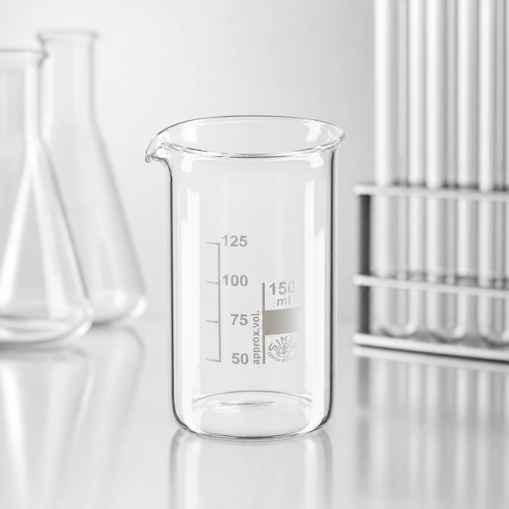 Kádinka 150 ml z borosilikátového skla, vysoký tvar Griffsicheres Laborbecherglas 150ml hohe Form aus hitzebeständigem Borosilikatglas mit Skala