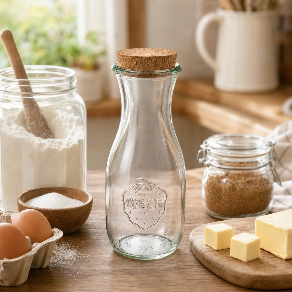 530ml láhev na džus WECK RR60 s korkem přírodní WECK Saftflasche 530ml mit Korken in gemütlicher Küche neben Backzutaten Mehl Eier Butter auf Holztisch