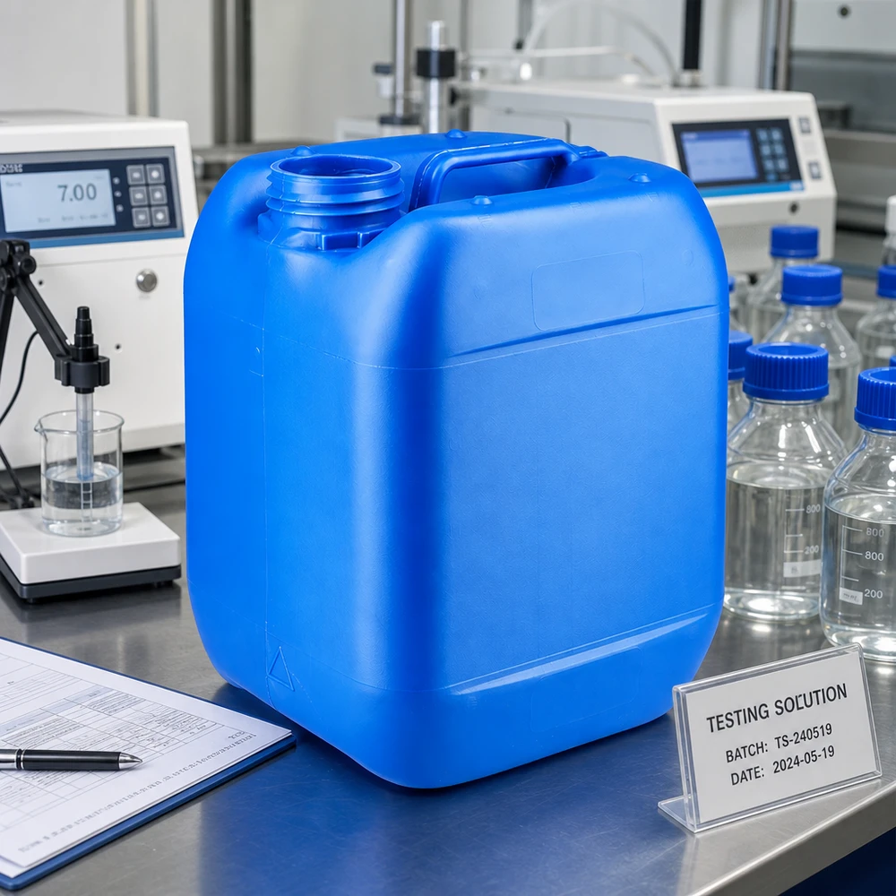 Kanystr 5 litrů modrý bez uzávěru Blauer Chemikalienkanister 5 Liter ohne Verschluss im Qualitätskontrolllabor mit Dokumentation