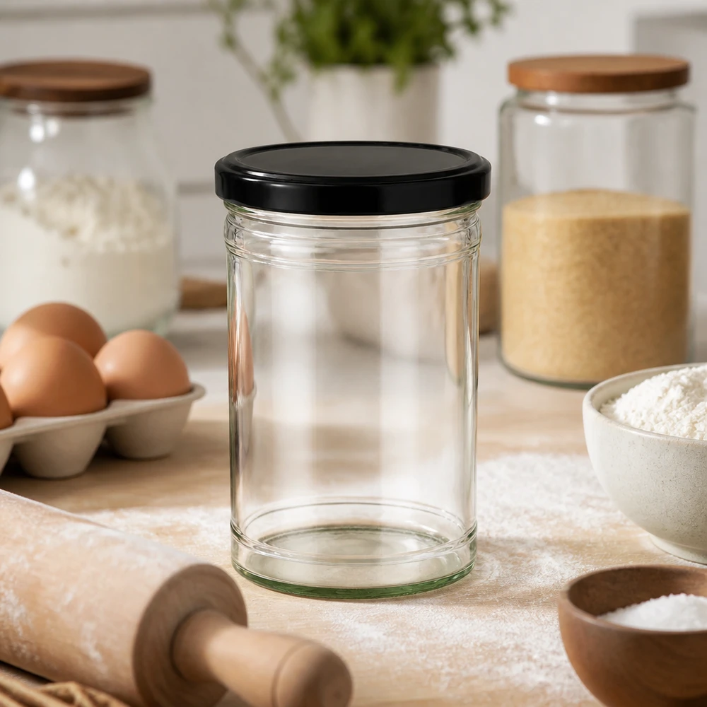 Leeres 1053ml Sturzglas mit schwarzem Deckel in Küche mit Eiern Mehl Nudelholz für Backen und Kochen