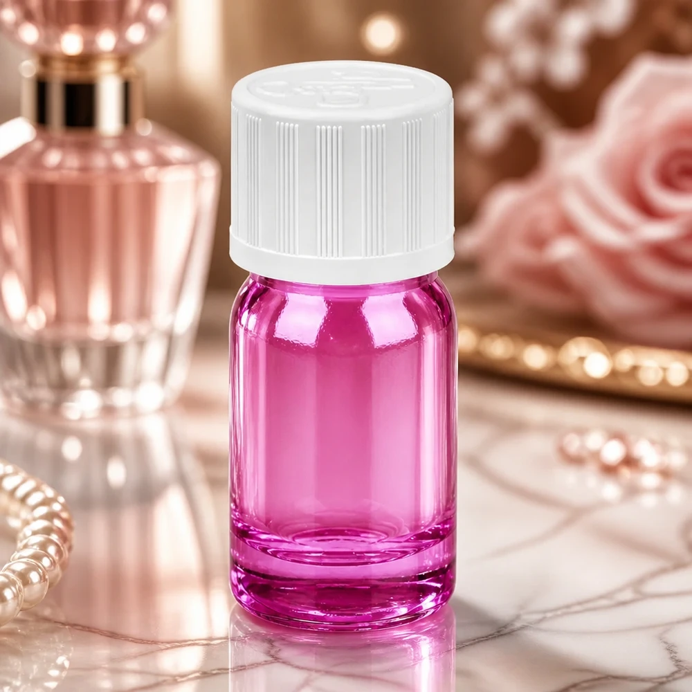 Handliche 5ml Glasflasche lila mit Tropfeinsatz für sparsame und hygienische Produktentnahme