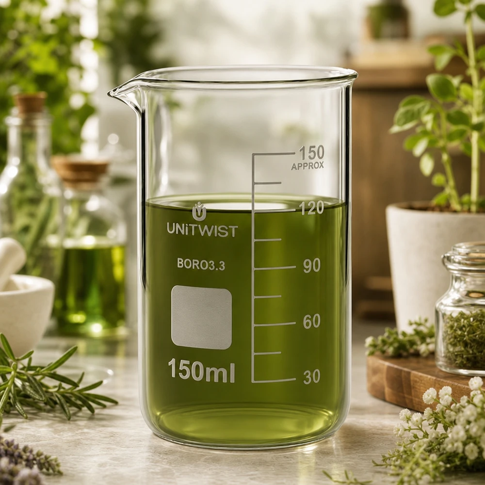 UNITWIST Borosilikat Becherglas 150ml hohe Form mit grünem Inhalt zwischen Rosmarinzweigen und Kräutern