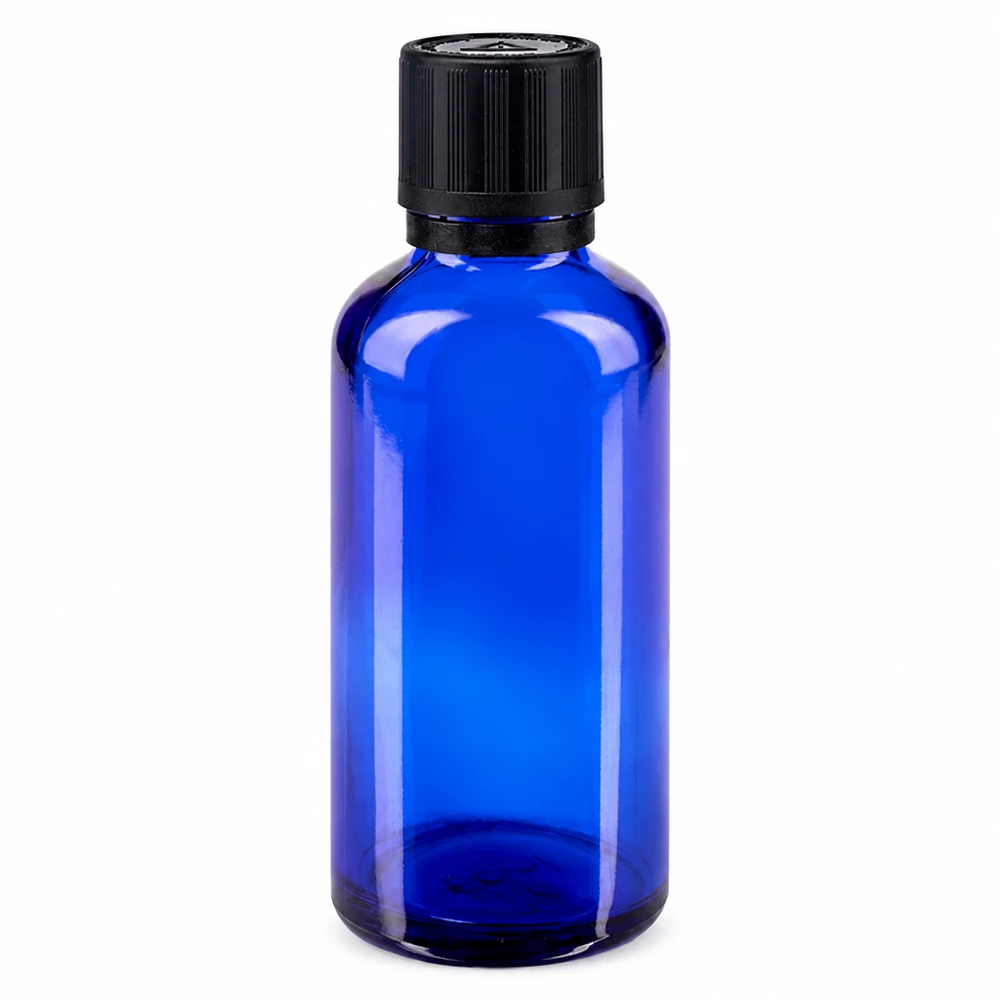 Lékárenská láhev modrá 50ml kapátko uzávěr nalévací kroužek 1mm černý dětský bezpečnostní zámek výstražný symbol tamper evident uzávěr. 50ml pharmazeutische Tropfflasche blau mit originalitätssicherem KiSi Verschluss schwarz