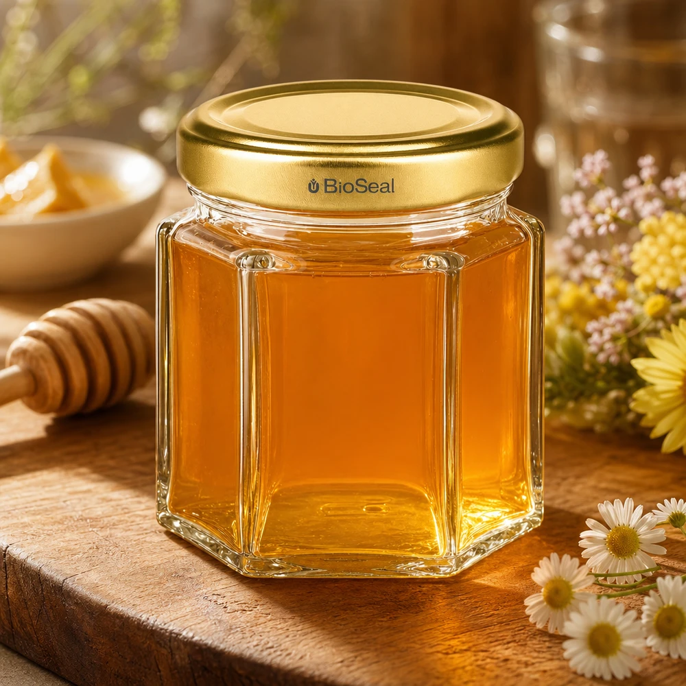 60g Honigglas mit goldenem Deckel BioSeal UNiTWIST BioSeal 60g Honigglas hexagonal gefüllt mit goldenem Honig auf Holztisch mit Honigstab und Wildblumen dekoriert