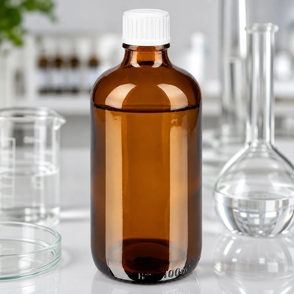 Lékárenská láhev hnědá 100ml šroubovací uzávěr bílá standardní Braune Apothekerflasche 100ml Bernsteinglas UV-Schutz weißer Verschluss Laborzubehör