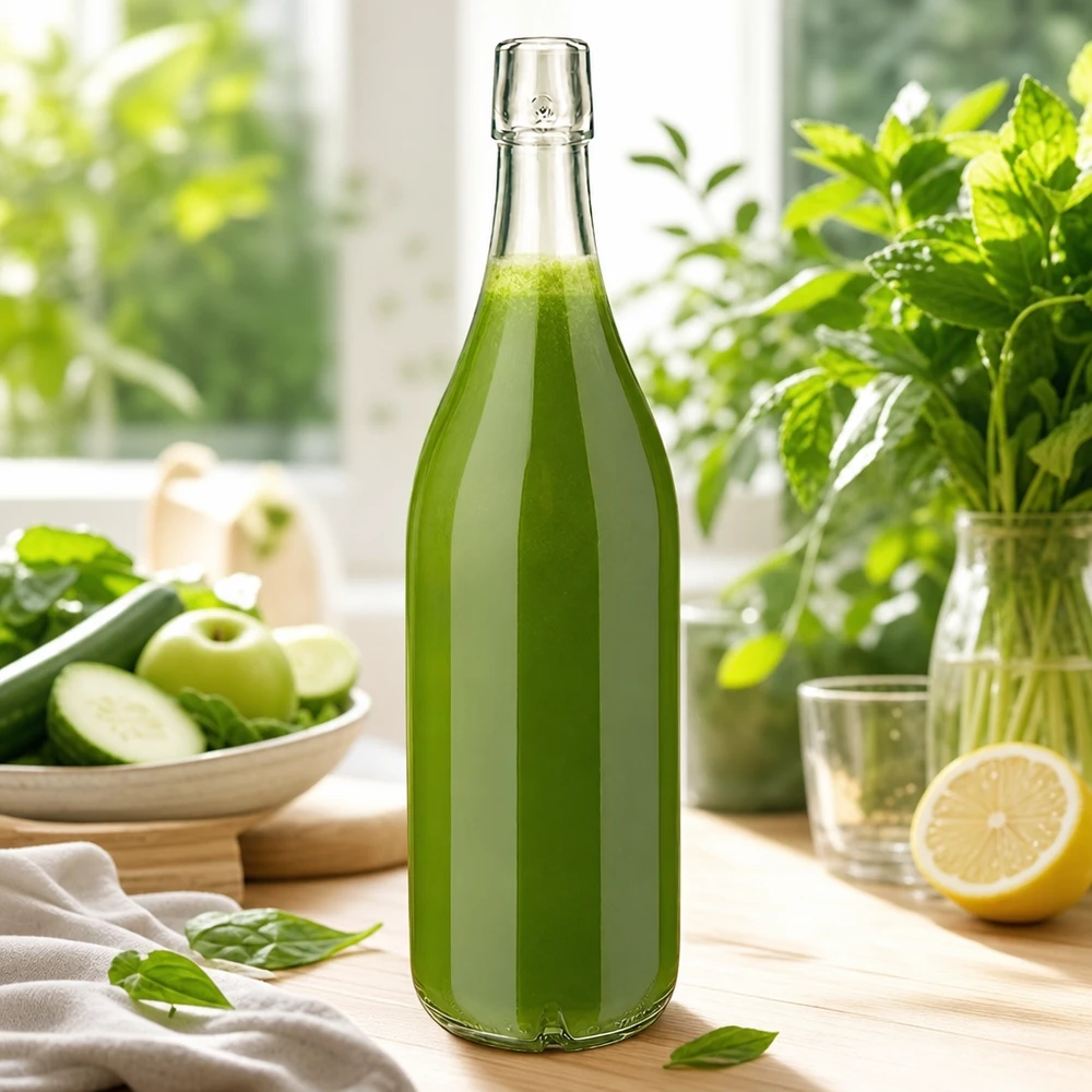 Skleněná láhev o objemu 1000 ml bez otočného víčka UNiTWIST Glasflasche 1000ml UNiTWIST mit grünem Smoothie befüllt frisches Gemüse Obst Küchenszene gesunde Ernährung