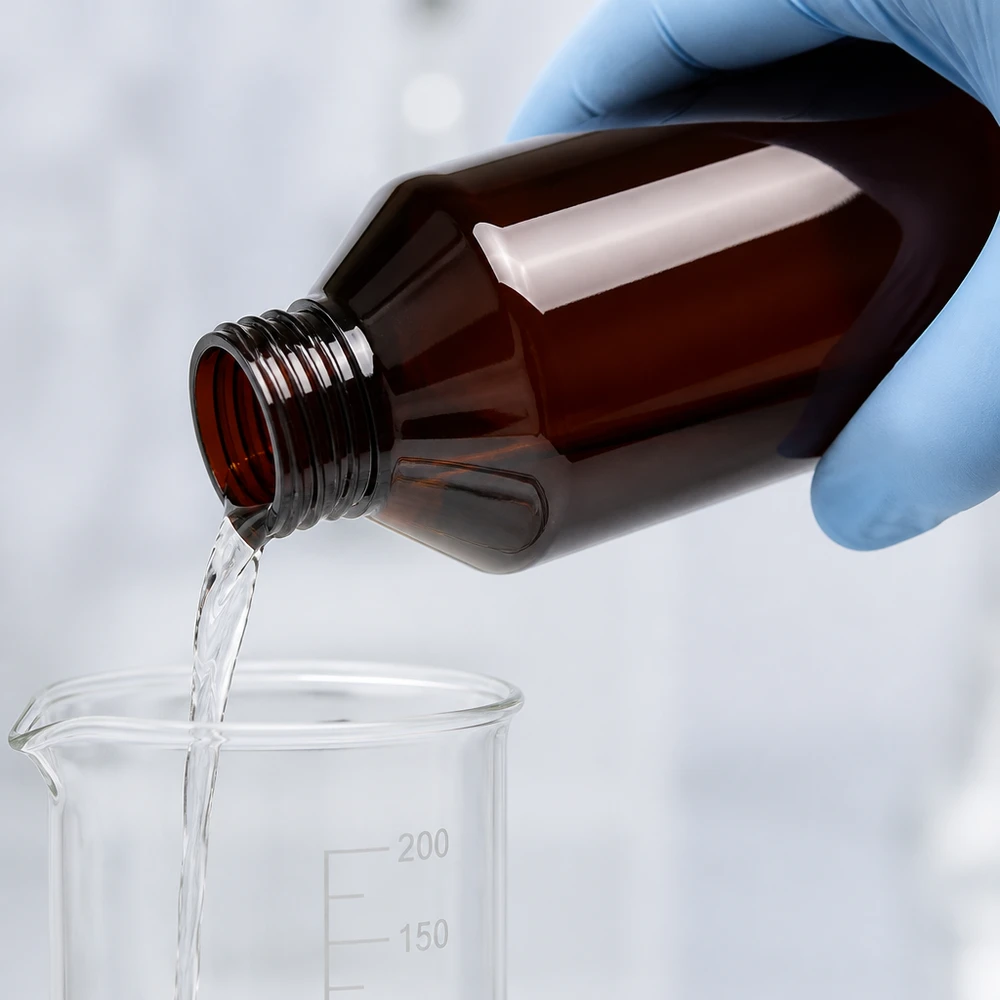 PET láhev 750ml s bílým standardním uzávěrem s možností manipulace. Ruka v rukavici plní 250ml skleněnou nádobku z hnědé 750ml PET láhve čirou kapalinou