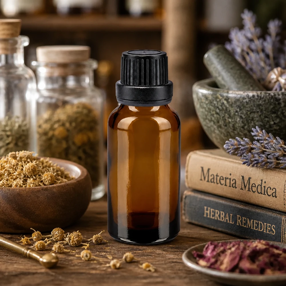 Lékárenská láhev hnědá 20ml šroubovací uzávěr černý tamper evidentní uzávěr. Lichtgeschützte 20ml Braunglasflasche mit schwarzem Originalitätsverschluss für Tinkturenherstellung