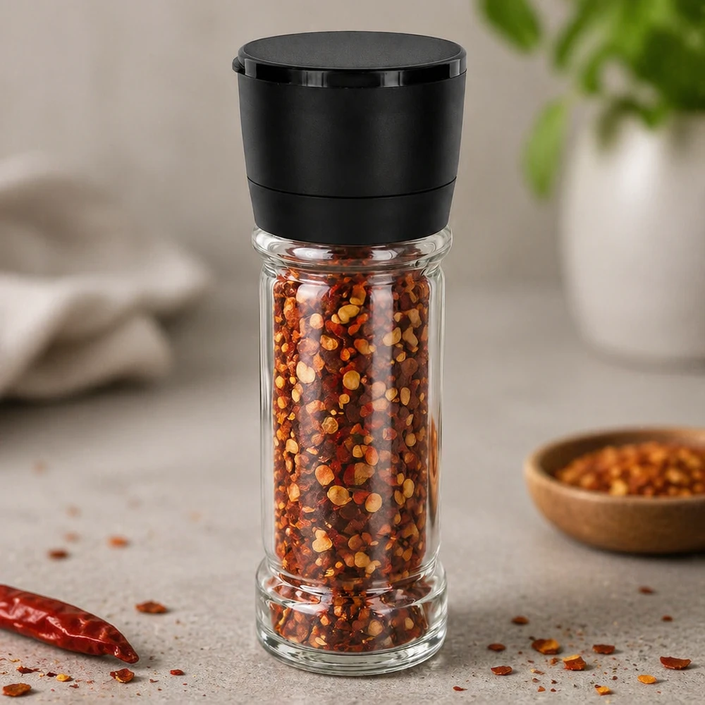 Nachfüllbares Gewürzglas mit schwarzer Vario-Mühle zum Mahlen von Chiliflocken