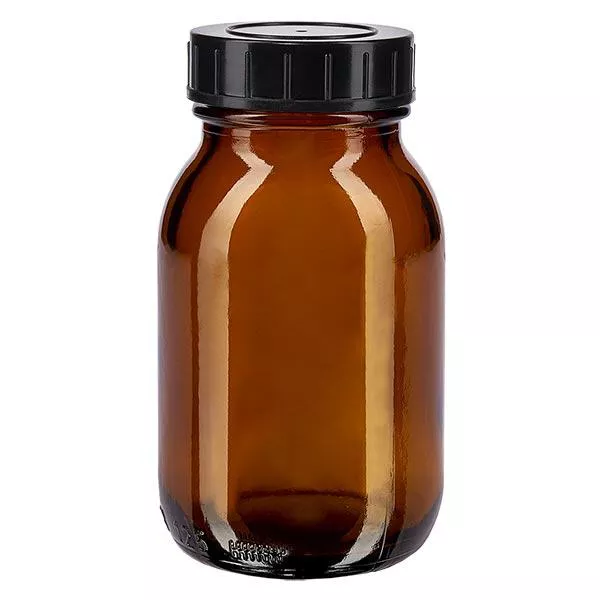 Jantarová skleněná láhev se širokým hrdlem o objemu 125 ml se šroubovacím uzávěrem.