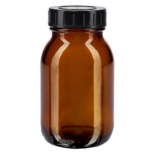 Jantarová skleněná láhev se širokým hrdlem o objemu 125 ml se šroubovacím uzávěrem. Jantarová skleněná láhev se širokým hrdlem o objemu 125 ml se šroubovacím uzávěrem.