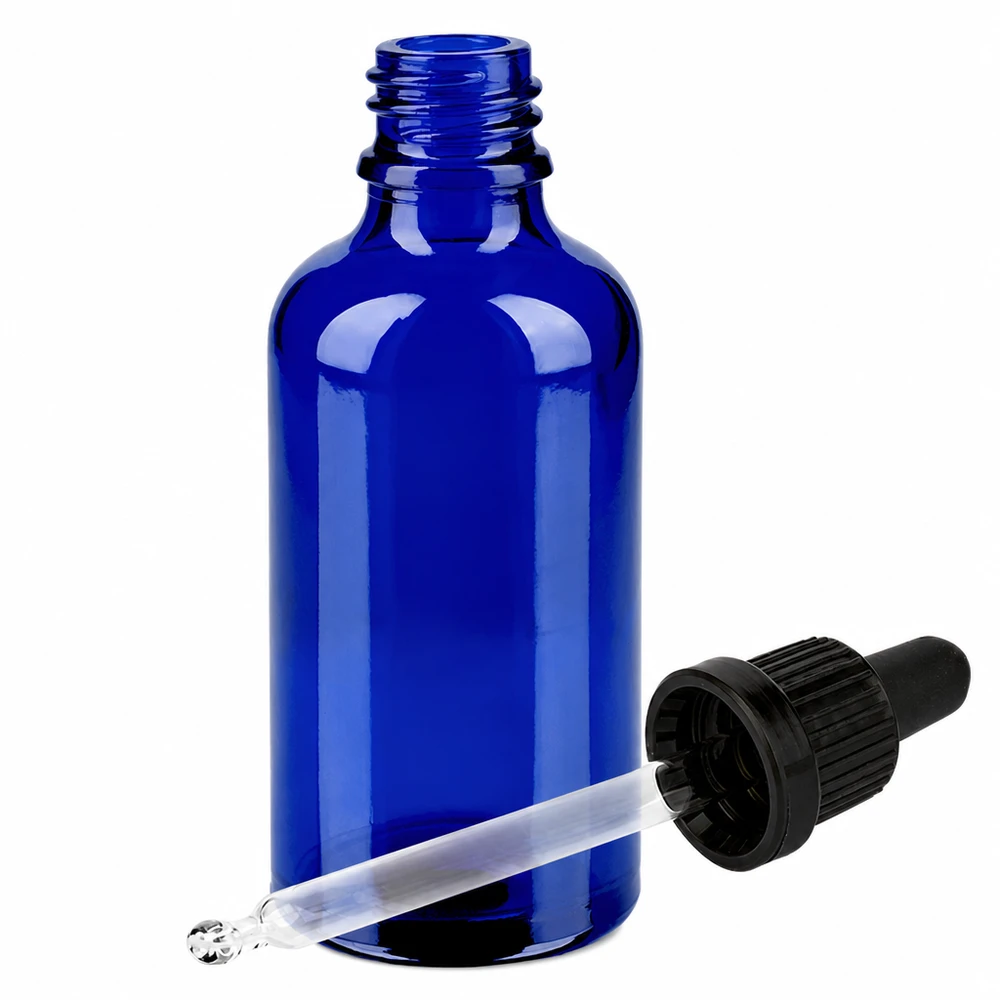 50ml pipetovací láhev černá s tamper-evidentním uzávěrem BlueLine UT18/50 50ml blaue Tropferflasche mit schwarzer Pipette optimal für Kosmetik und Naturheilkunde