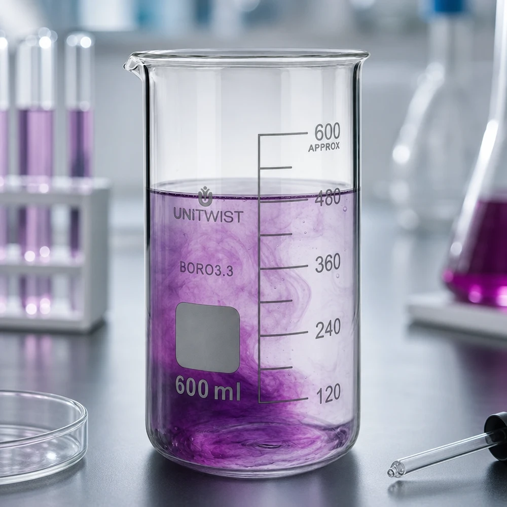 Kádinka 600 ml borosilikátová, vysoká forma UNiTWIST Laboraufbau mit UNITWIST Becherglas 600ml hohe Form Reagenzgläsern und Erlenmeyerkolben