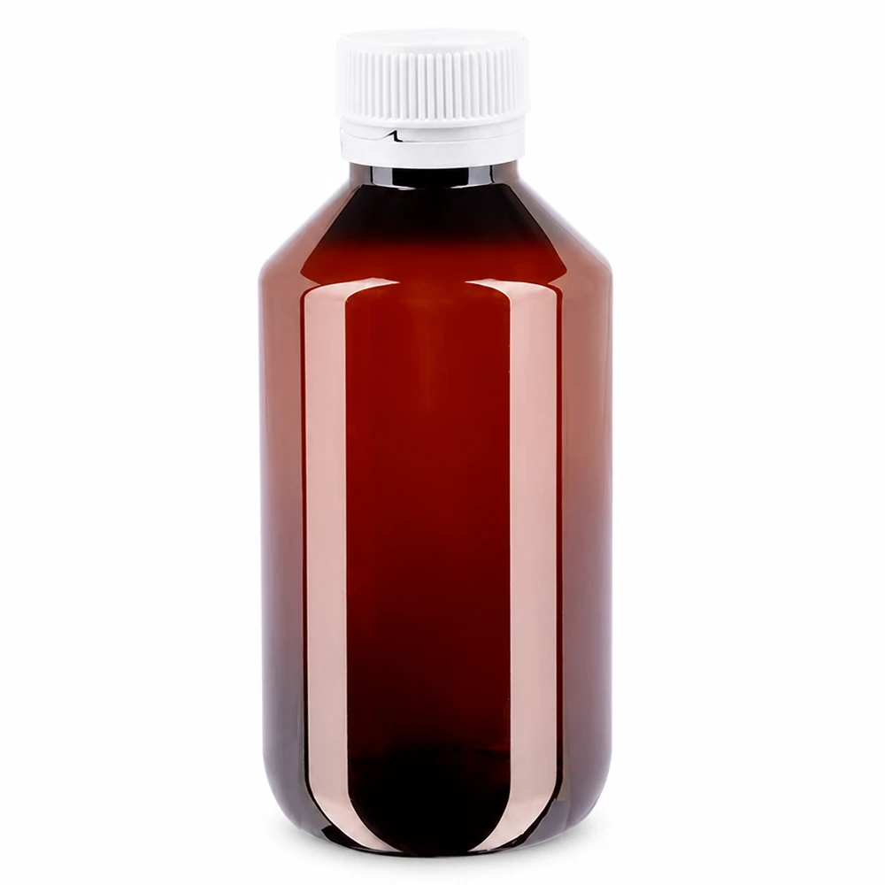 PET láhev 200ml s bílým rýhovaným uzávěrem s ochranou proti manipulaci. Hnědá PET láhev o objemu 200 ml s bílým bezpečnostním uzávěrem a rýhovaným víčkem