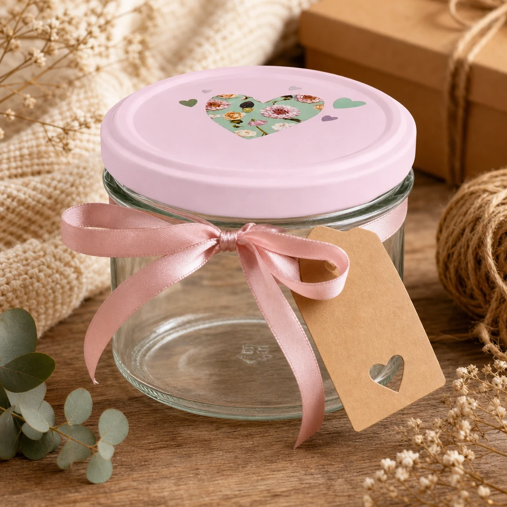 225ml Sturzglas mit rosa Herzdeckel als Geschenkverpackung mit Schleife und Anhänger in romantischer Deko
