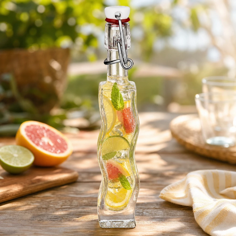 40ml Glasflasche "Anna" mit PVC Bügelverschluss UNiTWIST 40ml Glasflasche Anna mit Zitrussäften gefüllt auf Holztisch mit Grapefruit Limette und Minze im Freien