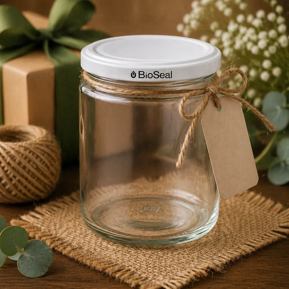 250ml Honigglas BioSeal UNiTWIST leer dekoriert mit Juteschleife Kraftpapier-Anhänger rustikaler Geschenkstil