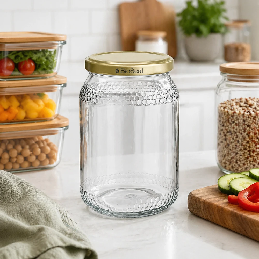 Honigglas 900ml leer mit goldenem BioSeal Deckel in moderner Küche zwischen Vorratsdosen und frischen Zutaten