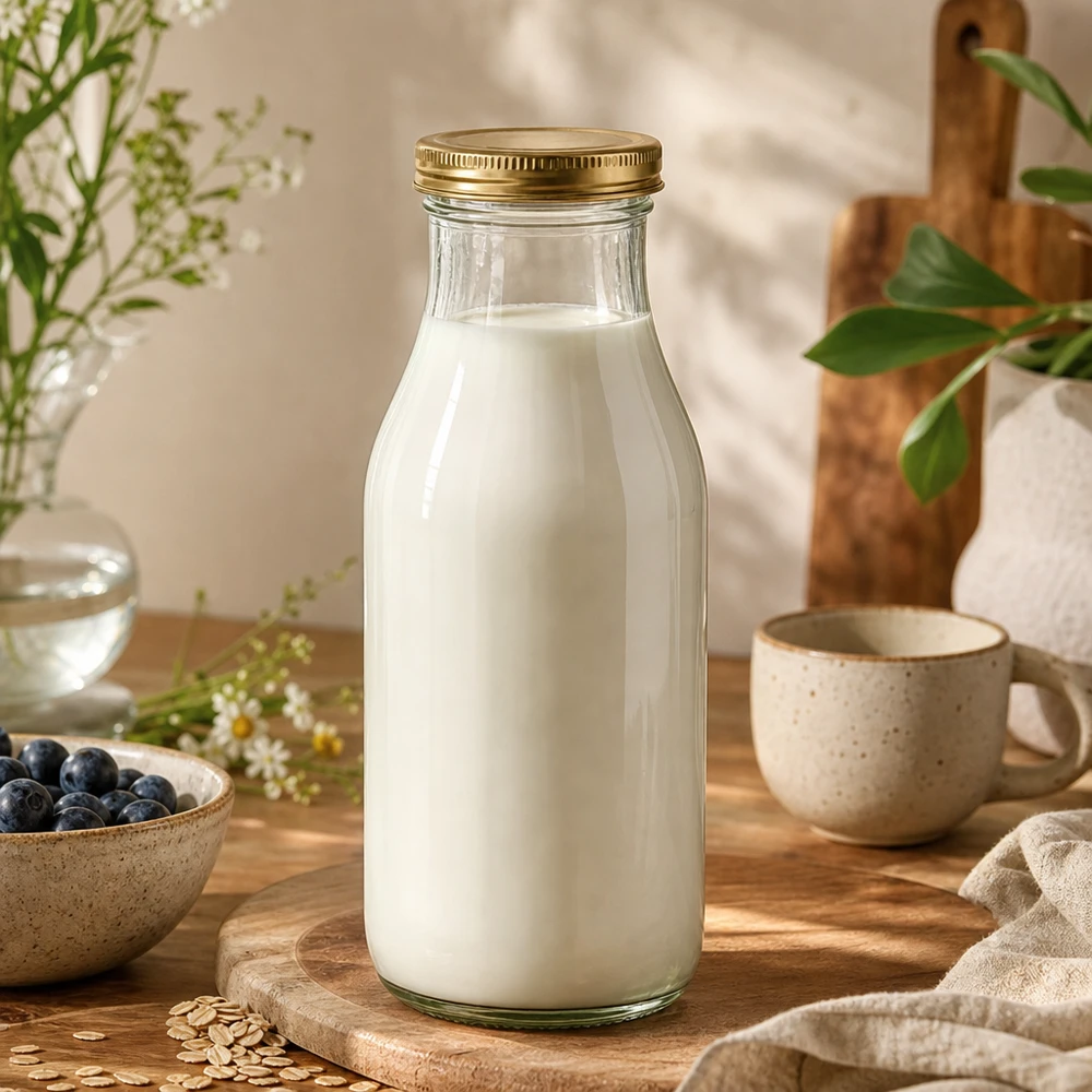 Láhev o objemu 263 ml se zlatým víčkem UNiTWIST BioSeal. UNiTWIST Bottle263 Glasflasche mit Milch gefüllt und goldenem TO43 BioSeal Deckel in natürlicher Küchenszene