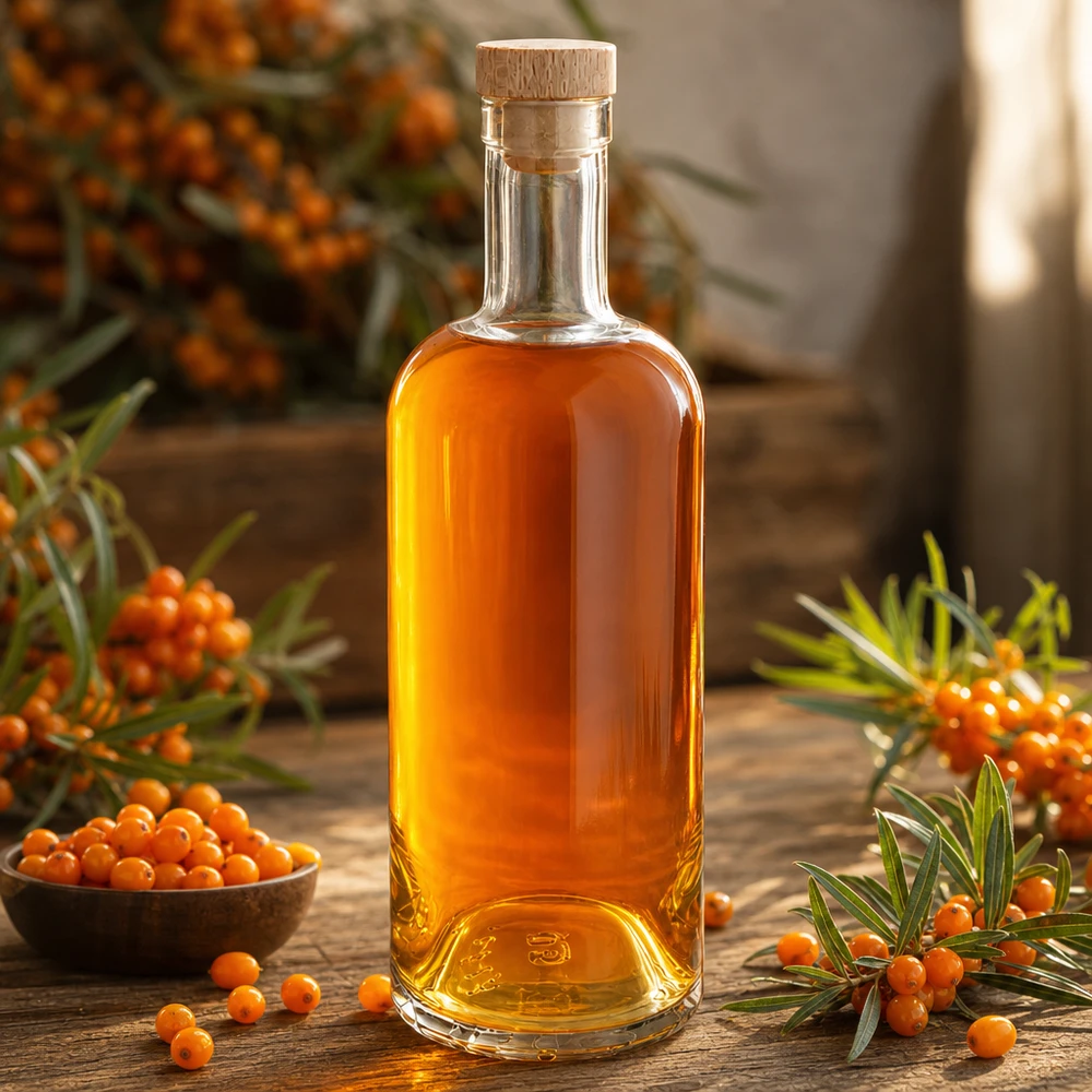 750ml Glasflasche Emma mit Holzkorken gefüllt mit orangenem Sanddornöl umgeben von Sanddornbeeren und Zweigen