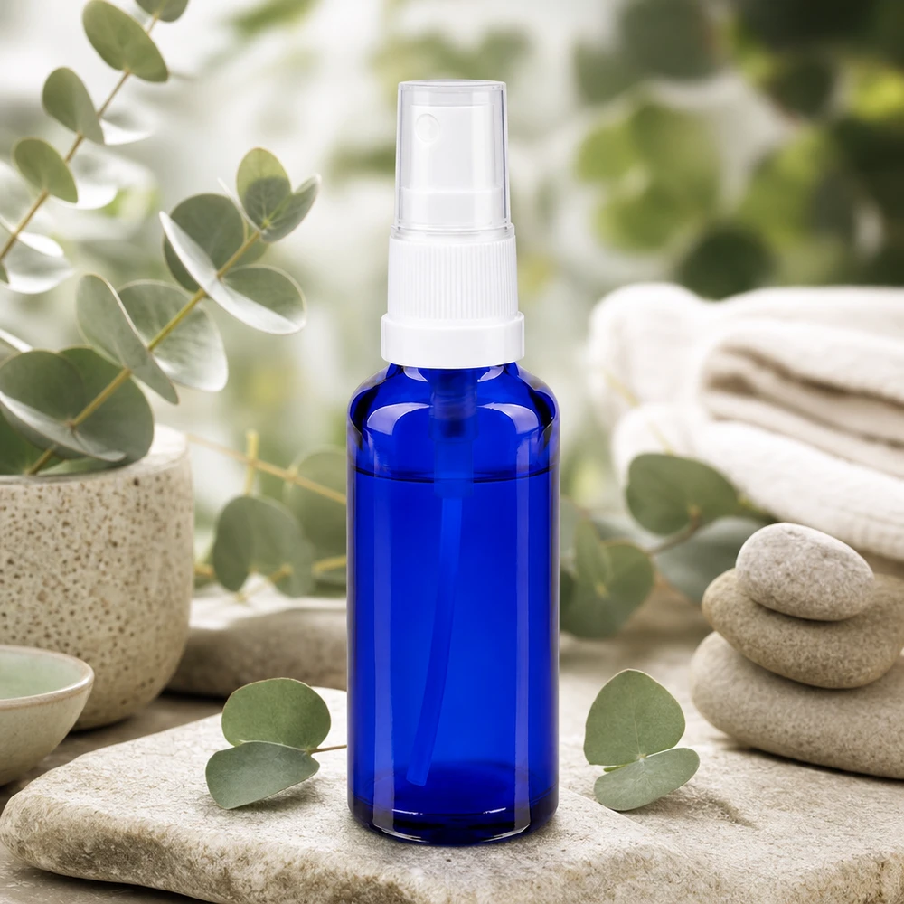 UV-Schutz Apothekerglas Sprayflasche 30ml blau mit Eukalyptus und natürlichen Wellness Accessoires