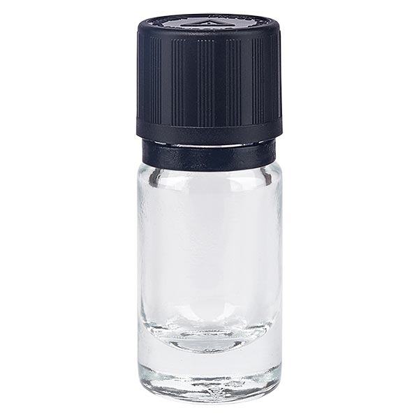 Lékárenská lahvička čirá 5ml uzávěr s kapátkem Nalévací kroužek 1mm černý Dětská pojistka Výstražný symbol pro nevidomé Uzávěr s ochranou proti 