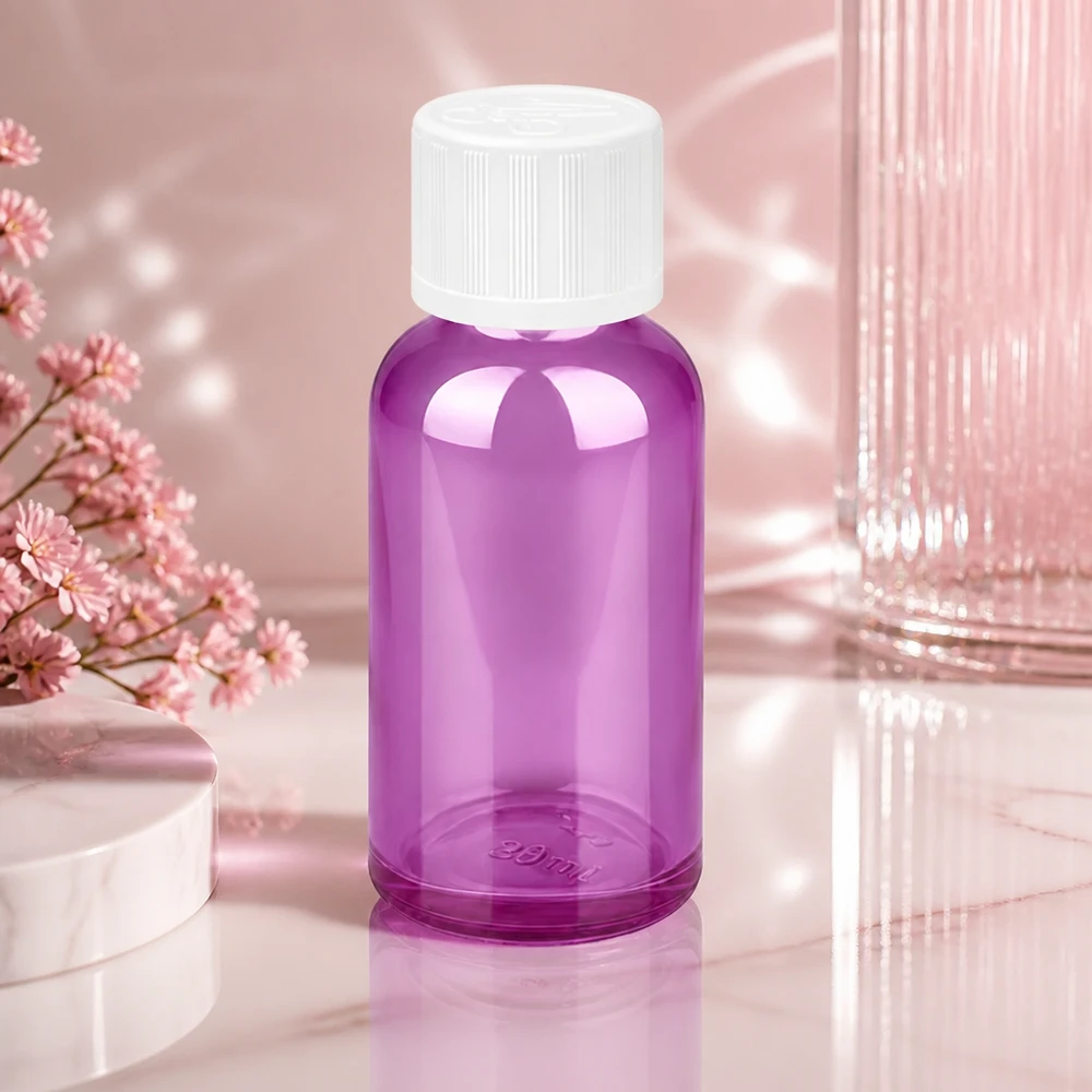 Transparente 30ml Flasche in leuchtend violett mit ergonomischer Form für komfortable Handhabung