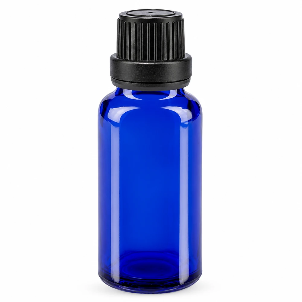 Lékárenská láhev modrá 20ml kapátko s nalévacím kroužkem 2mm černý tamper-evidentní uzávěr Kleine blaue Apothekerflasche 20ml UV-Schutzglas mit schwarzem Dosierverschluss und Tropfeinsatz