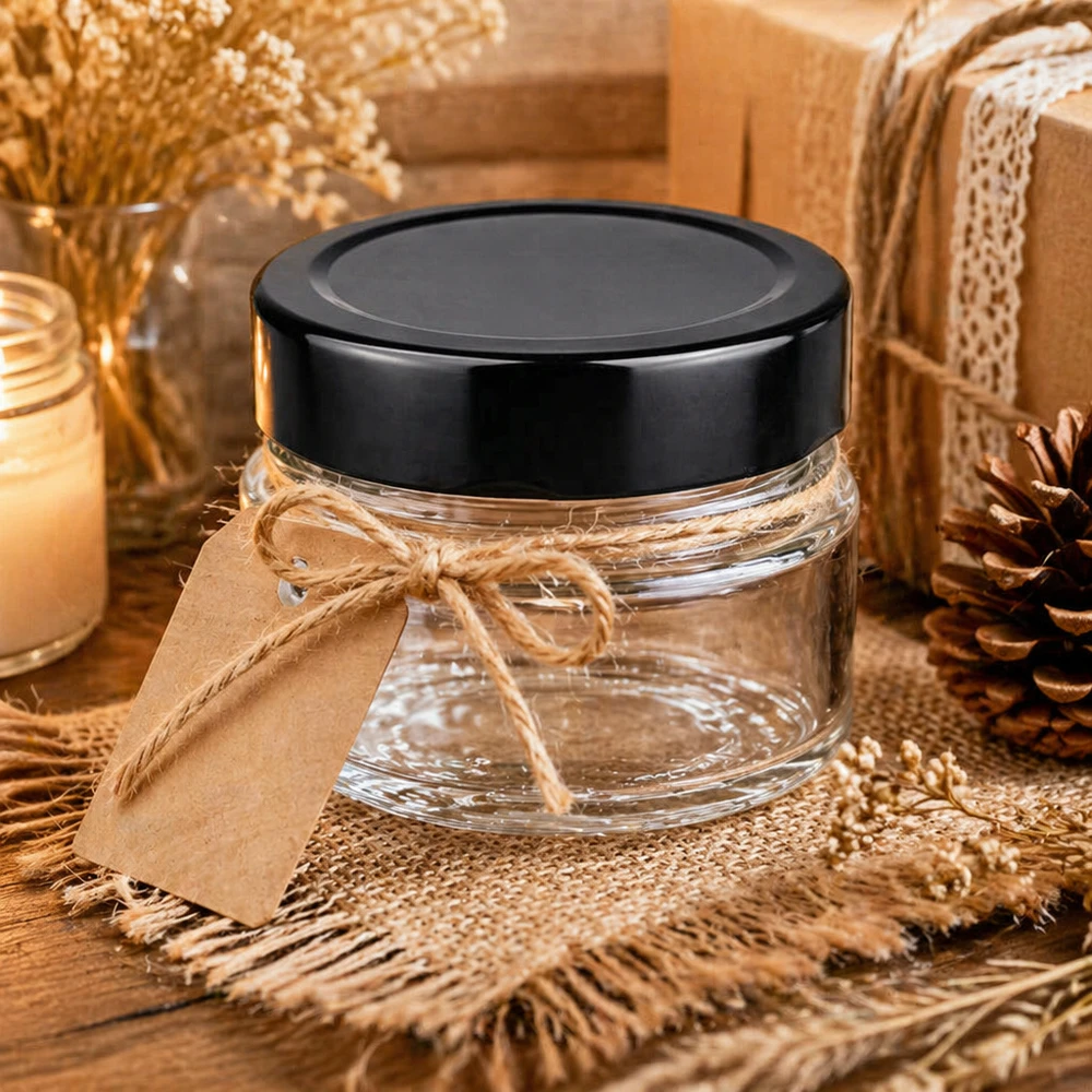 80ml kulatá sklenice + víčko BasicSeal černé hluboké UNiTWIST 80ml Rundglas schwarz transparent Kosmetiktiegel dekorativ arrangiert mit Geschenkband natürliche Deko BasicSeal