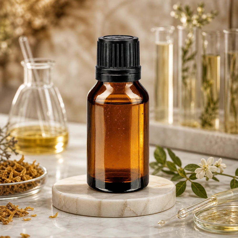 Lékárenská lahvička hnědá 15ml šroubovací uzávěr černý nalévací kroužek tamper evident uzávěr. Kompakte Tropfflasche 15ml aus Braunglas mit schwarzem Deckel für präzise Öldosierung