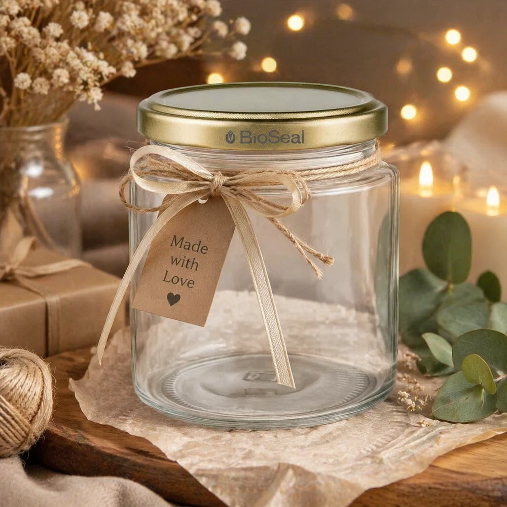 Leeres 250ml BioSeal Honigglas dekorativ arrangiert mit Geschenkband und Made with Love Anhänger, goldener UNiTWIST Deck