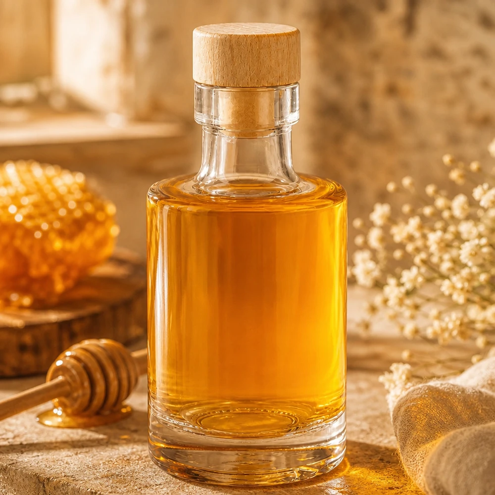 100ml Glasflasche "Marie" mit Holzgriff-Korken UNiTWIST 100ml Glasflasche Marie mit Holzkorken gefüllt mit Honig neben Bienenwabe und Honiglöffel auf rustikalem Holztisch