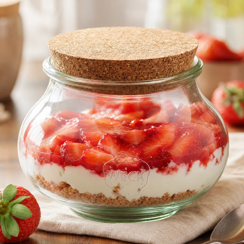 560ml šperkovnice WECK RR80 s korkem natural WECK Schmuckglas 560ml RR80 mit Korken als Dessertglas für Erdbeer-Joghurt-Schichtdessert Küchenpräsentation