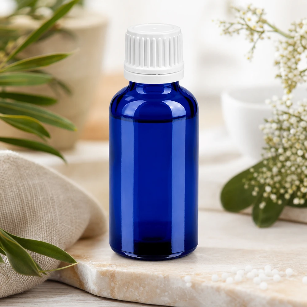 30ml láhev 11mm šroubovací uzávěr bílý uzávěr s ochranou proti manipulaci BlueLine UT18/30 Präzise dosierbare 30ml Flasche mit engem Hals für exakte Anwendung von Konzentraten