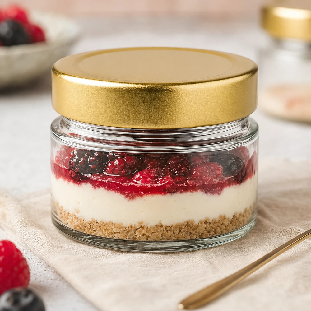 80ml kulatá sklenice s víčkem BasicSeal zlaté hluboké UNiTWIST. 80ml Rundglas mit BasicSeal Deckel gold deep als Dessertglas mit Cheesecake und Beeren in eleganter Tischdeko