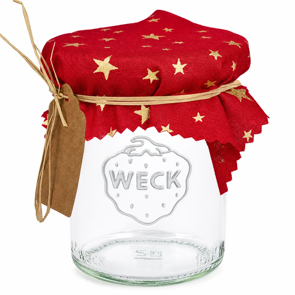 Látkový ubrousek na šperky červený "hvězdy" 12cm čtvercový Stoff Schmuckdeckchen rot mit goldenen Sternen 12cm eckig auf WECK Einmachglas mit Schleife und Anhänger