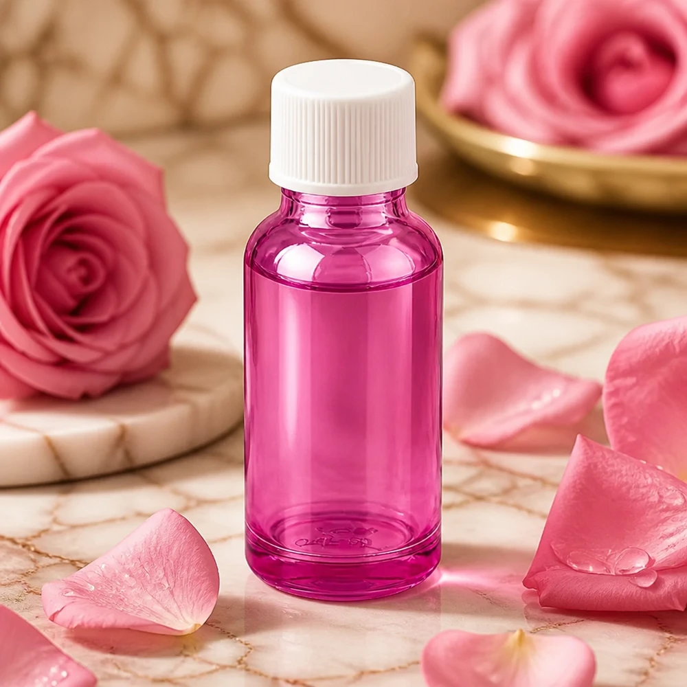 Kleine handliche 20ml Flasche in elegantem Violett mit auslaufsicherem Verschluss