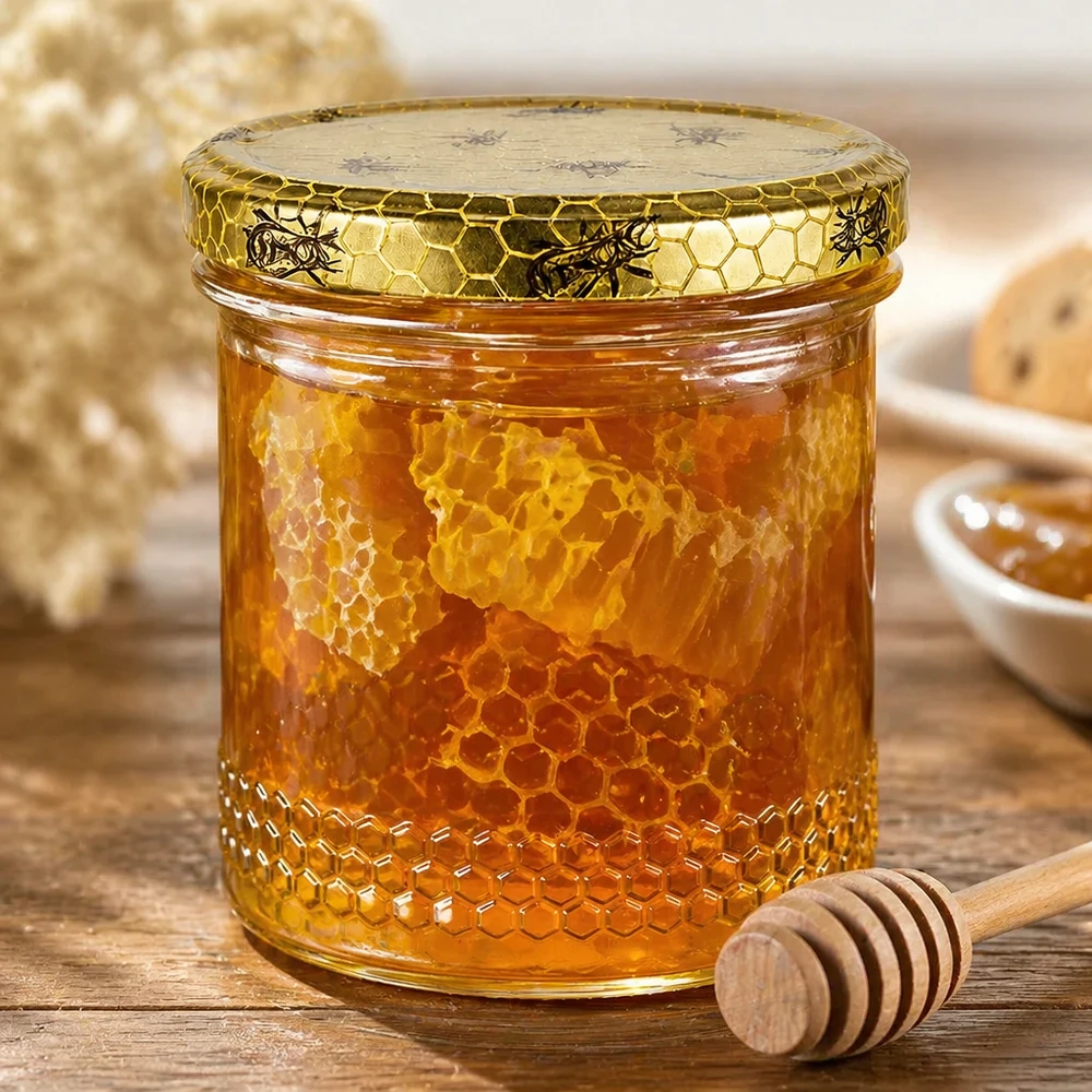 560g Honigglas + BasicSeal Deckel Bienenwabe UNiTWIST Honigglas 400ml mit Waben-Inhalt und BasicSeal Deckel, Holz-Honiglöffel, authentische Imkerei-Präsentation