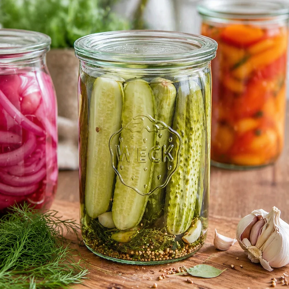 WECK Sturzglas 1000ml RR100 mit eingelegten Gurken gefüllt neben Knoblauch und Dill für Fermentation und Pickling